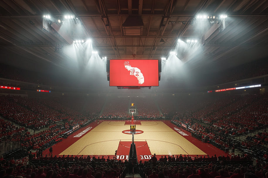 A packed basketball stadium with fans in red, a massive scoreboard, and bright lights. The atmosphere is electric, showcasing the excitement of live sports events.