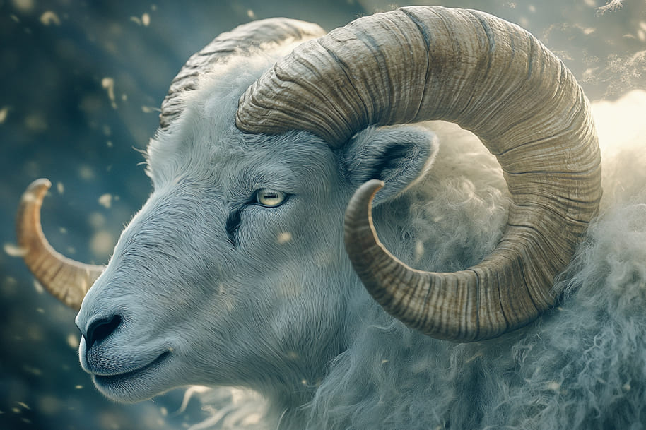 Close-up of a majestic white ram with powerful curved horns under magical golden light – representing Aries zodiac sign in Eternal Slots horoscope-themed slot adventure."