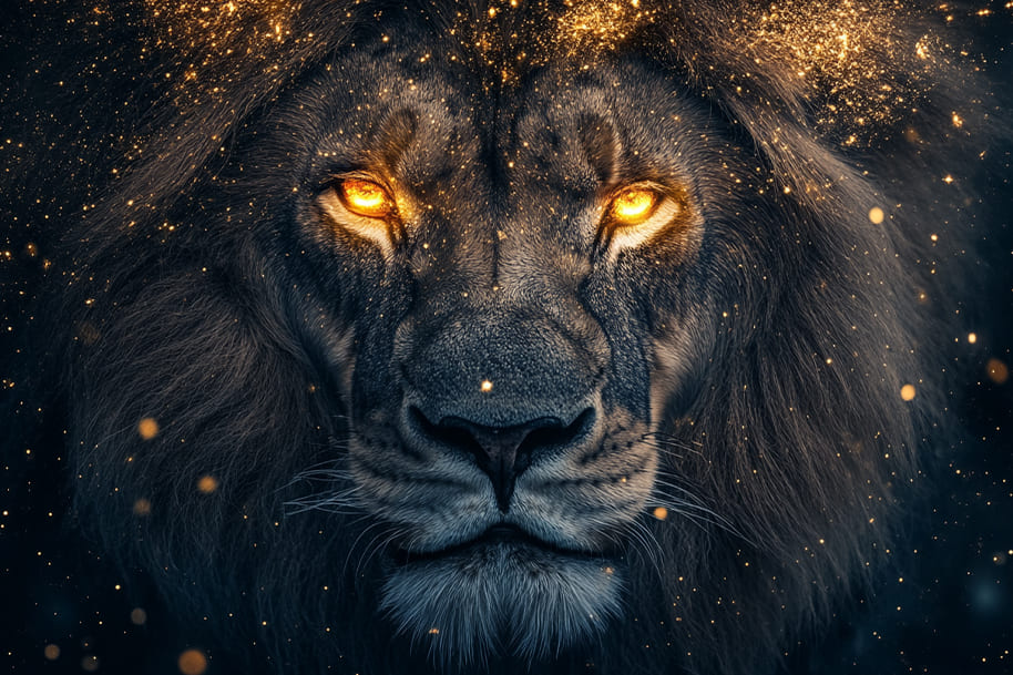Majestic lion with glowing golden eyes and shimmering stardust mane – a powerful Leo zodiac symbol used in Eternal Slots casino’s horoscope slot feature.