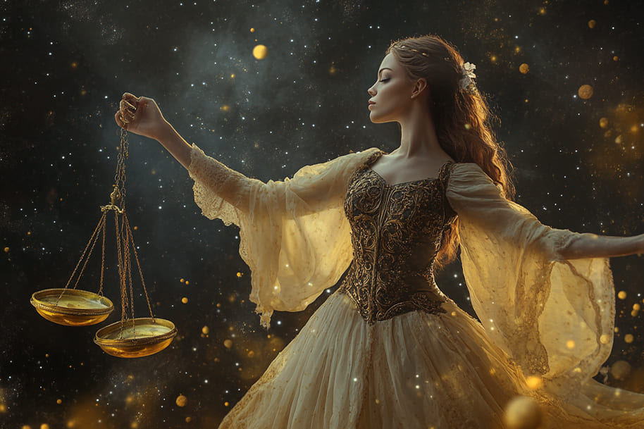 Elegant woman in golden gown holding celestial balance scales, representing the Libra zodiac sign – part of Eternal Slots online casino’s zodiac slots collection.