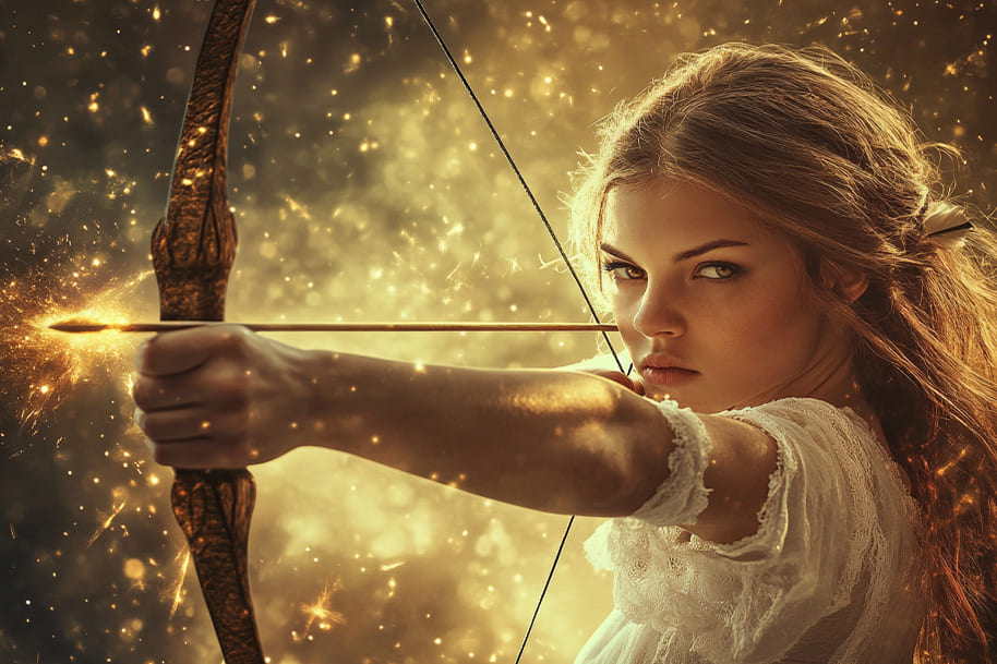 Fierce archer girl aiming a glowing golden arrow in a magical starlit scene – portraying the Sagittarius zodiac sign for Eternal Slots cosmic casino series."