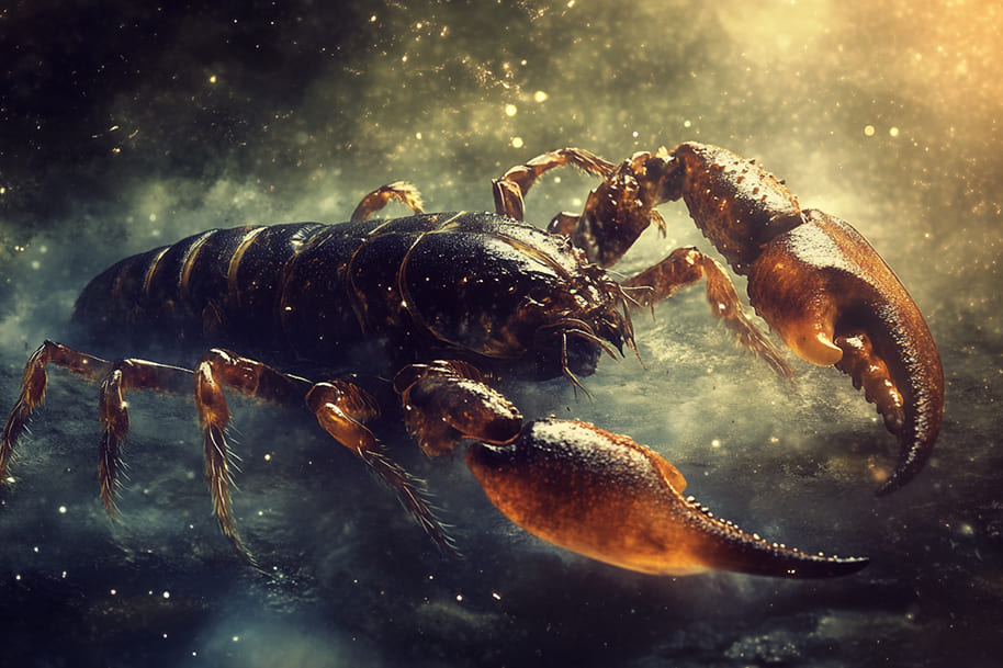 Dark and powerful scorpion glowing with golden cosmic energy in a mystical fog – symbolizing Scorpio zodiac sign in Eternal Slots zodiac-inspired slot universe.