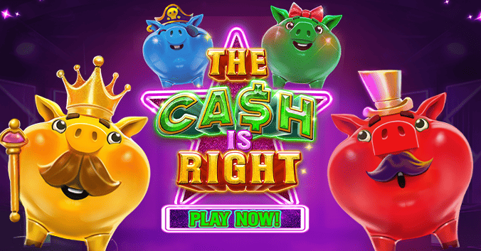 Colorful piggy bank characters surrounding the game logo ‘The Cash Is Right’ with neon lights and a 'Play Now' button – vibrant banner for Eternal Slots online casino game promotion.