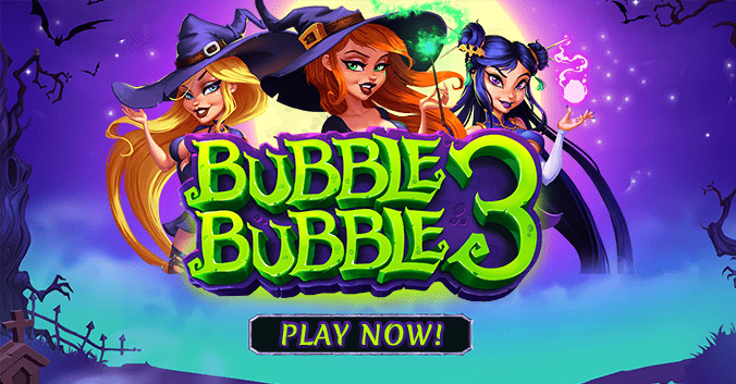 Bubble Bubble 3 slot game banner featuring three magical witches with glowing potions. Play Bubble Bubble 3 on of the top RTG slot games at Eternal Slots Casino for spellbinding bonuses, free spins, and real money wins.