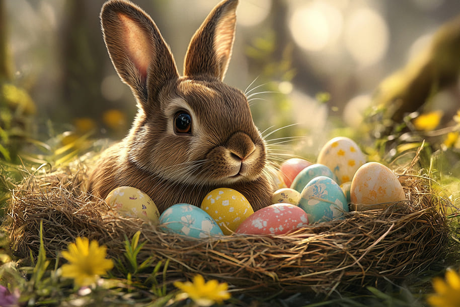 Adorable Easter bunny sitting in a nest surrounded by colorful Easter eggs, symbolizing creative non-chocolate Easter gift ideas on Eternal Slots Casino blog.