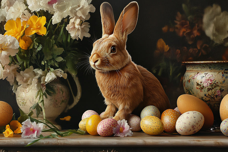 Adorable Easter bunny sitting in a nest surrounded by colorful Easter eggs, symbolizing creative non-chocolate Easter gift ideas on Eternal Slots Casino blog.