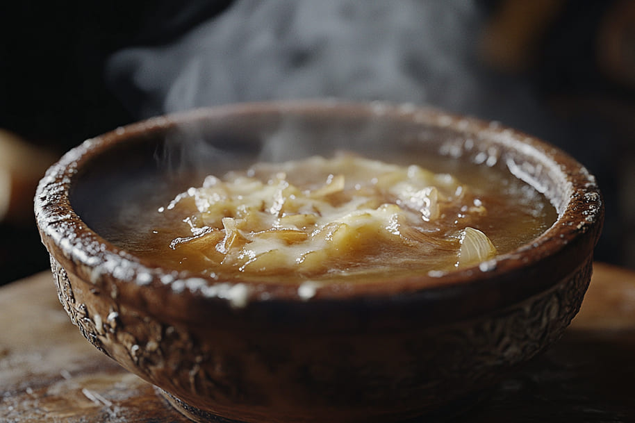 Rustic ceramic bowl of steaming French onion soup with melted cheese and caramelized onions – warm and hearty homemade classic perfect for cozy evenings.