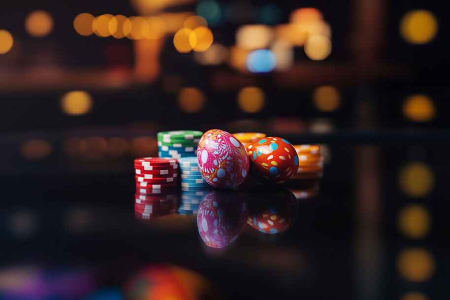 Decorated Easter eggs and colorful casino chips on a reflective table, symbolizing festive gameplay and seasonal promotions at Eternal Slots Casino.