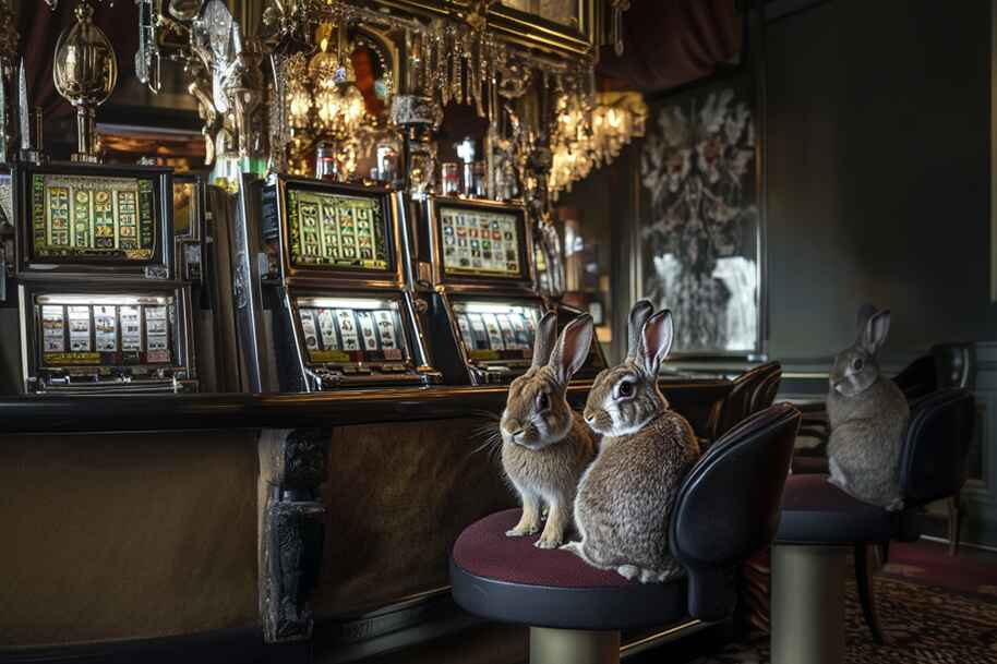 Adorable Easter bunnies sitting on slot machine stools in a glamorous casino setting, celebrating spring with festive gameplay at Eternal Slots Casino.