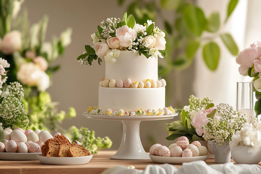 Elegant white Easter cake decorated with flowers and mini eggs, surrounded by spring desserts and floral decor – Easter 2025 food and decor trends on EternalSlots.com